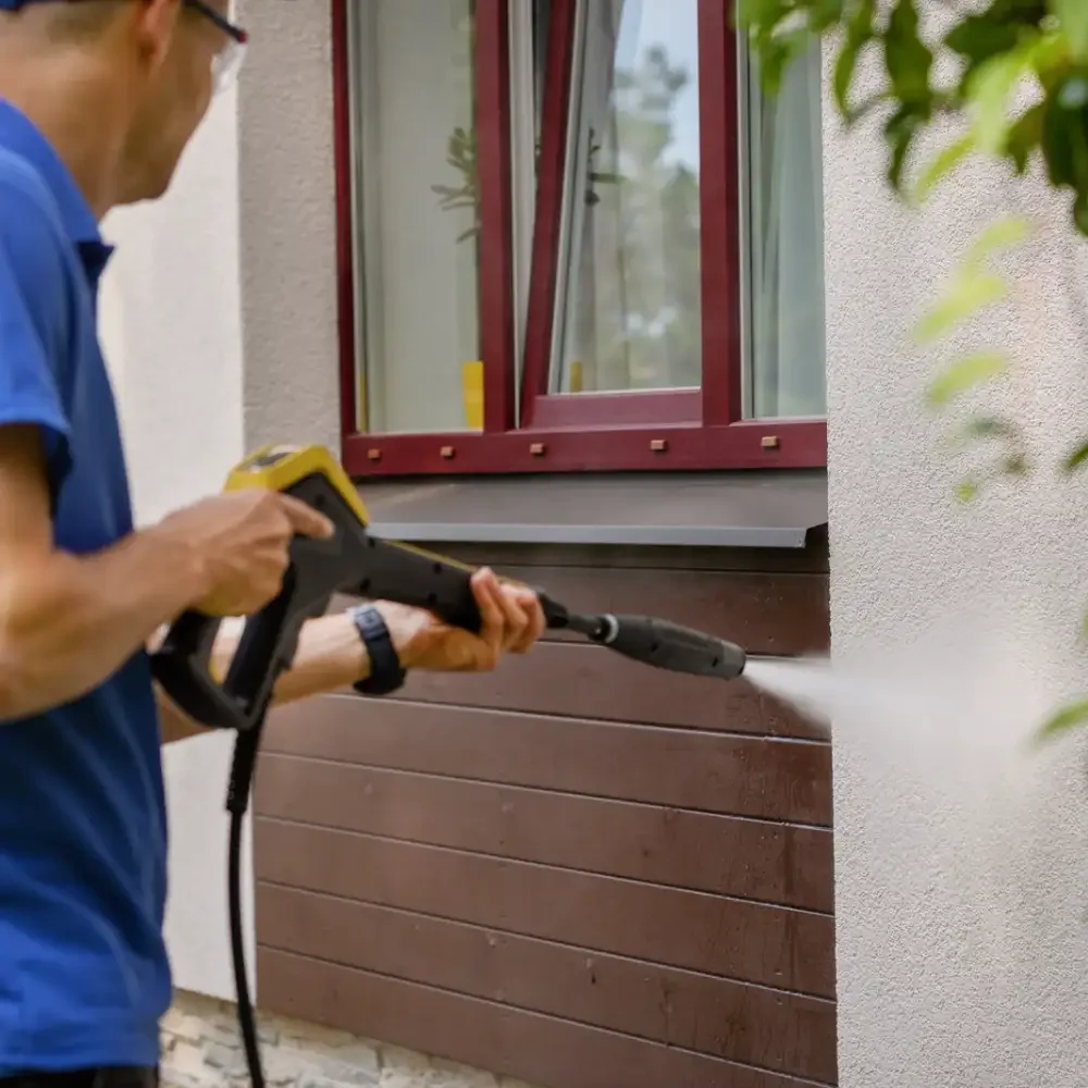 Mann reinigt Fassade mit damfdruckreiniger